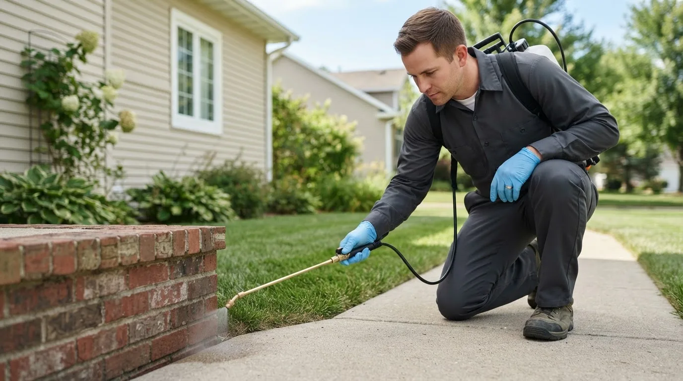 Pest control technician treating a home near Valdese, NC